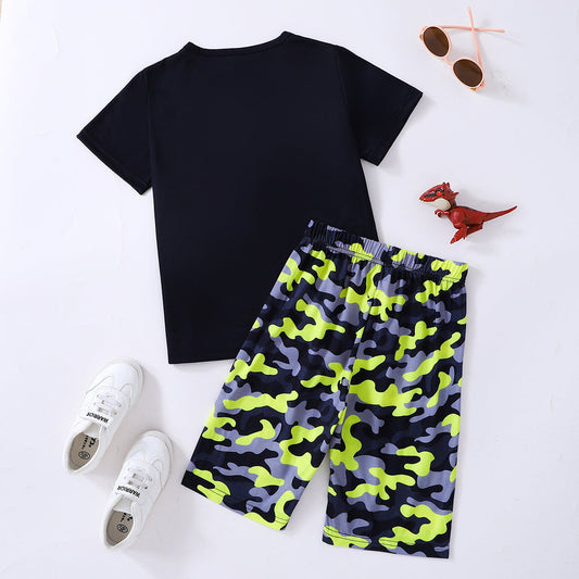 Dinosaur Graphic Tee and Camouflage Shorts Set_1