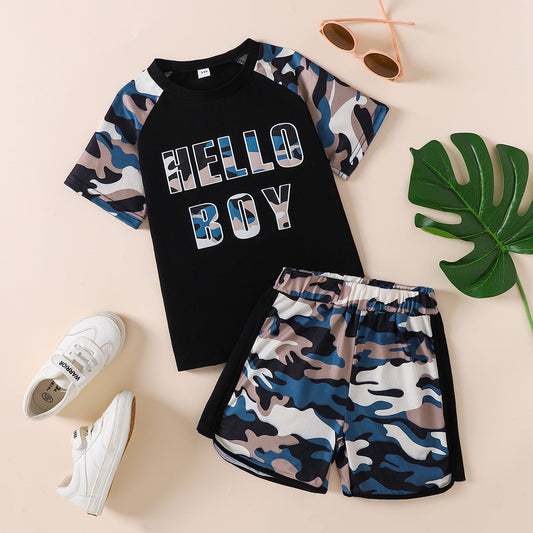 HELLO BOY Graphic Tee and Camouflage Shorts Set_0