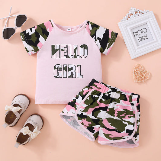 HELLO GIRL Graphic Tee and Camouflage Shorts Set_0