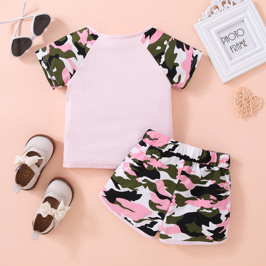 HELLO GIRL Graphic Tee and Camouflage Shorts Set_1