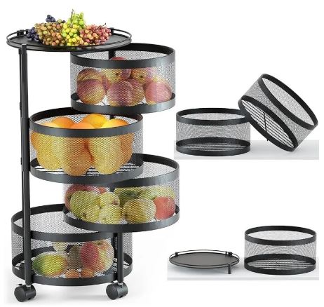 4 Tier Fruit and Vegetable Rotating Storage Rack with Wheels_0